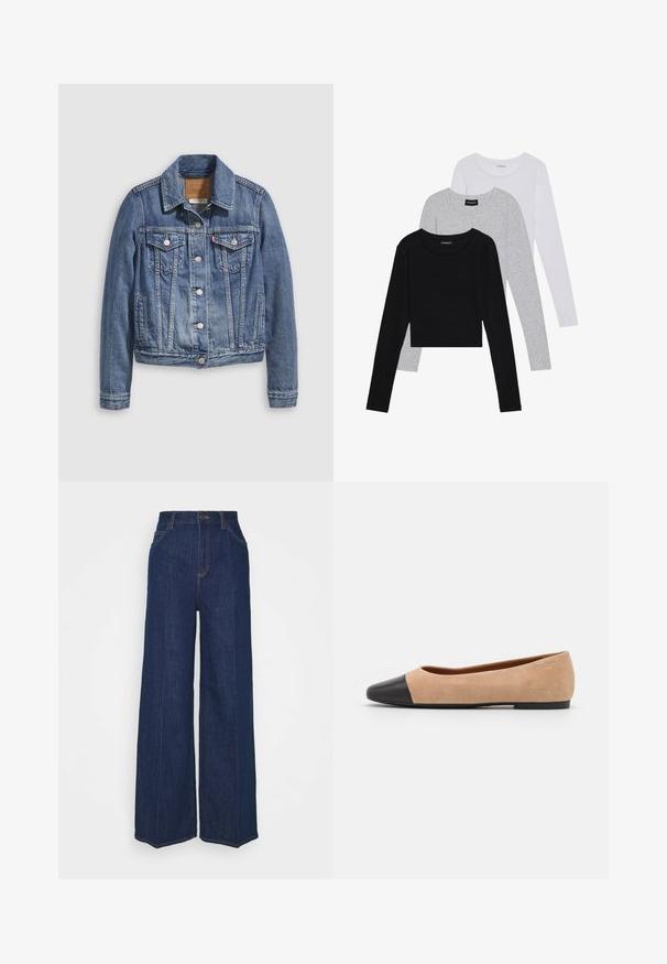 Denimjakke i mellomblå med klassisk krage, knappelukking foran, to brystlommer og maskinvaskbar gullfarget metallbeslag. Slitt teksturdetalj.; Tre lange ermer t-skjorter stablet: svart, grå og hvit. Hver har en rund hals og et kort design med glatt, lett stoff.; Høyt liv vidbukse i mørk blå denim med front- og baklommer, knappelukking, og synlige sømdetaljer.; Beige semsket ballettsko med svart lær rund tåhette, lav hæl og glatt tekstur, med minimal søm og et rent design.