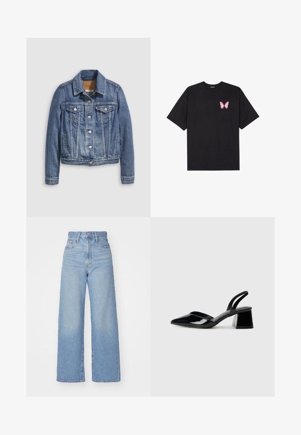 Jachetă din denim albastru mediu cu guler clasic, nasturi în față, două buzunare la piept și accesorii auriu-țintă. Detaliu cu textură uzată.; Tricou negru din bumbac cu mâneci scurte, având pe partea stângă a pieptului un mic grafic cu un fluture roz. Design cu guler rotund și croială lejeră.; Jeans cu talie înaltă, de culoare albastru deschis, cu croială largă, dotate cu nasture și fermoar la față, buzunare în față și spate, pe un fundal alb.; Pantofi cu toc slingback din piele lacuită neagră, cu vârf ascuțit și toc geometric. Prezintă un design elegant, minimalist și o textură netedă.