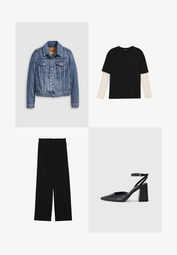 Chaqueta vaquera azul medio con cuello clásico, cierre frontal con botones, dos bolsillos en el pecho y herrajes en tono dorado. Detalle de textura desgastada.; Camiseta negra de algodón, con mangas cortas sobre una capa blanca de manga larga con un patrón texturizado sutil. Diseño de escote redondeado.; Pantalones de pierna ancha negros con una cintura con volantes, que cuentan con dos bolsillos laterales y una tela suave y ligera. Sin patrones visibles ni accesorios.; Zapato de tacón puntiagudo de cuero negro con tira en el tobillo y tacón ancho. Textura plana, diseño elegante y estética minimalista.