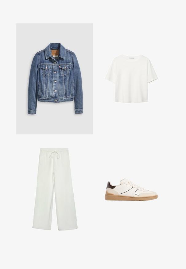 Spijkerjack in mediumblauw met een klassieke kraag, knopen aan de voorkant, twee borstzakken en goudkleurige accenten. Verweerde textuurdetails.; Witte korte mouwen t-shirt van katoen. Heeft een ronde halslijn en een ontspannen pasvorm. Glad textuur zonder zichtbare patronen of accenten.; Witte wijde broek van zacht materiaal. Heeft een elastische tailleband met een trekkoord en een gladde textuur. Geen zichtbare patronen of hardware.; Stradivarius Sneakers laag - white