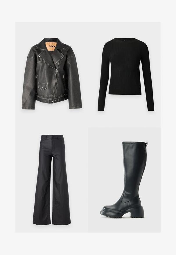 JJXX JXFRIDA BIKER - Casaco de pele sintética - black; Suéter preto de mangas compridas com textura canelada, justo ao corpo, com um decote redondo, exibido contra um fundo claro e liso.; Calças largas pretas em material de pele sintética. Apresentam uma cintura alta, passadores de cinto, dois bolsos frontais e detalhes cosidos.; Bota preta de couro alta com sola de plataforma robusta e salto bloco, apresentando puxador e padrão texturizado na sola.