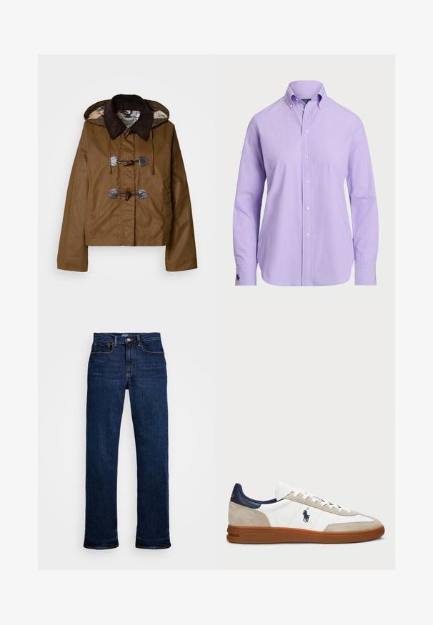 Jachetă maro cu glugă, cu guler din catifea, închidere cu toggle și căptușeală matlasată cu un design patternat. Finisaj din țesătură texturată.; Cămașă butonată de culoare lavandă, cu guler clasic, mâneci lungi și un material ușor. Prezintă un logo brodat subtil pe manșetă.; Jeans din denim bleu închis cu croi drept, având cinci buzunare, cusături de cupru și un închidere clasică cu nasture.; Tenisi albi și bej cu un superior din suede și piele, accente navy și o talpă din cauciuc maro. Prezintă logo pe lateral și un design cu șireturi.