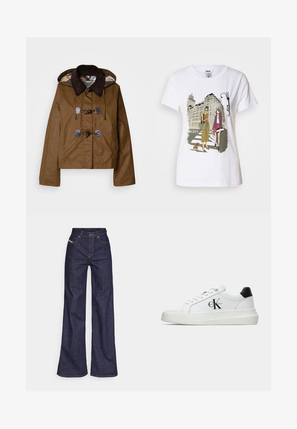 Hnědá kapucí bunda s kordurovým límcem, zapínáním na šňůrky a prošívanou vnitřní podšívkou s vzorovaným designem. Texturovaný materiál.; Bílý bavlněný tričko s potiskem, který zobrazuje dvě ženy v městských módních stylech se psem na přechodu a městskými budovami.; Tmavě modré džíny s širokým střihem vyrobené z denimové tkaniny, s vysokým pasem, oranžovým prošíváním, pěti kapsami a zapínáním na knoflík.; Bílé nízké tenisky s černým patním tabem, platformovou podrážkou, tkaničkami a logem Calvin Klein "CK" na boku.