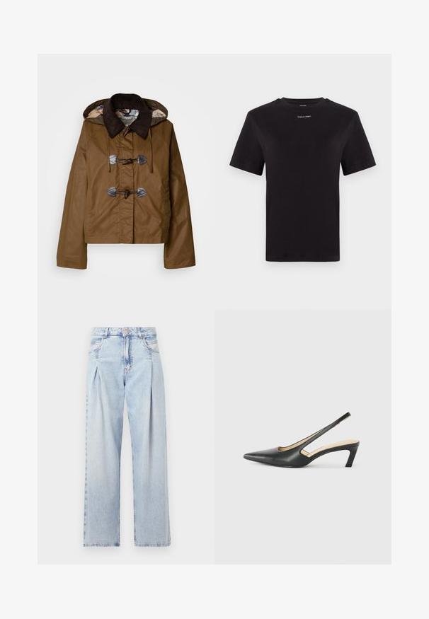 Barna kapucnis dzseki, bordás gallérral, toggle záródással és tűzött belső béléssel, amely mintás dizájnnal rendelkezik. Texturált anyagfelület.; Fekete pamut póló rövid ujjakkal, kerek nyakkivágással és kis fehér "Calvin Klein" logóval a mellkasnál. Simás textúra, klasszikus fazon.; Világoskék farmernadrág magas derekú, bő szabású, két oldalsó zsebbel és pliszírozott dizájnnal. Puha tapintású, elhalványított felület.; Fekete, hegyes orrú, slingback cipő alacsony sarkával, sima bőrből készült, oldalt kivágott deisgnal a légáteresztőképesség érdekében.