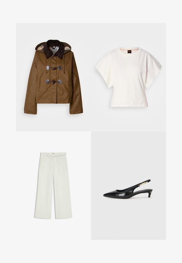 Brown hooded jacket with corduroy collar, toggle fastenings, and a quilted inner lining featuring a patterned design. Textured fabric finish.; White cropped T-shirt, short wide sleeves, soft cotton material, round neckline with subtle orange trim, minimal design, no patterns or graphics.; Wide-leg pants in light cream fabric, featuring side pockets, a flat front, and a single button closure at the waist. Smooth texture.; Black leather slingback heels with a pointed toe, featuring a slim heel and a gold-tone accent on the adjustable strap. Smooth texture.