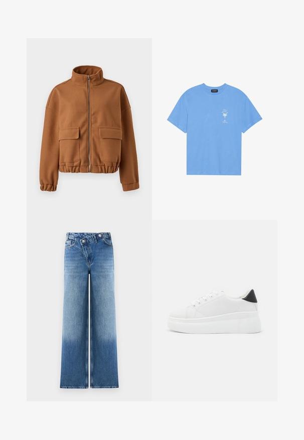 Barna bolyhos dzseki magas gallérral, cipzáras zárással, két elülső zsebével és rugalmas mandzsettákkal és aljjal. Sima tapintás, rövidített fazon.; Világoskék pamut póló, lekerekített nyakkal. Az elülső bal mellrészen egy fehér pálmafát és szöveget ábrázoló grafikával rendelkezik. Rövid ujjak.; Világoskék, bő szárú farmernadrág, elhalványodott mosással, klasszikus öt zsebes kivitelben, fémből készült gombokkal a deréknál.; Fehér platform sportcipők sima szintetikus anyagból, lekerekített orral, fűzős kialakítással és texturált gumitalppal. Fekete sarokdísz.