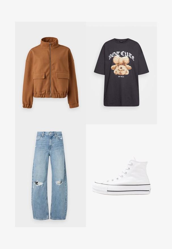 Brown fleece jacket with a high collar, zip closure, two front patch pockets, and elasticized cuffs and hem. Smooth texture, cropped design.; Black oversized t-shirt featuring a graphic of a bear with the text “NOT CUTE BUT WILD” in bold, white lettering. Cotton material.; Light blue, high-waisted jeans made of denim. Feature wide legs, two torn knee areas, and classic five-pocket styling.; White high-top canvas sneaker with black rubber sole, front rubber toe cap, and six eyelets for laces, featuring a clean, minimalist design.