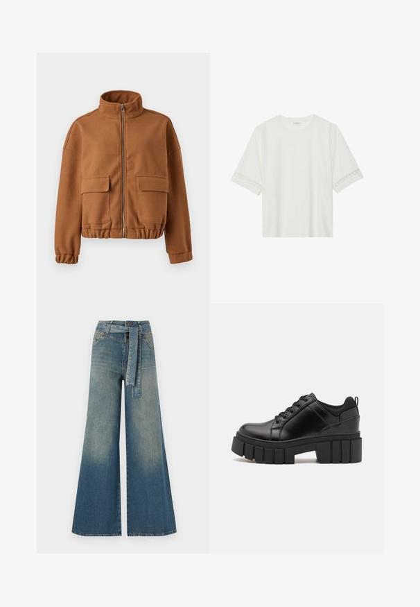 Brun fleecejakke med høj krave, lynlås lukning, to forreste klaplommer og elastiske manchetter og undermask. Glat tekstur, cropped design.; Hvid kortærmet t-shirt lavet af bomuld, med dekorativ blondekant langs ærmerne og en rund halsudskæring.; Bredbens-denimbukser med en lys til mørk blå gradient, høj talje, bælteløkker og et matchende stofbælte. Tekstureret denimfinish.; Sorte læder platform sko med en klodset blokhæl, rund tå og traditionelt snøredesign. Har en glat tekstur og minimal detaljering.