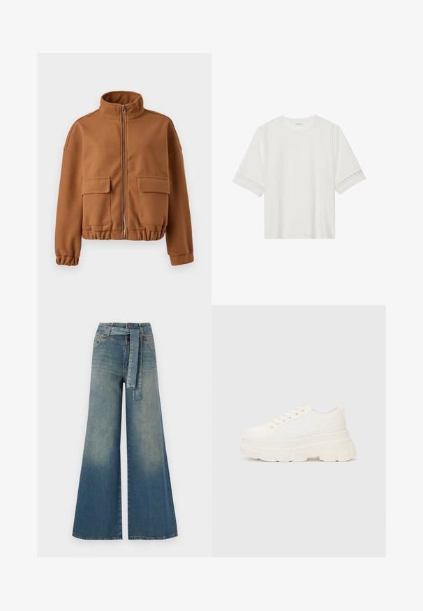 Brun fleecejakke med høj krave, lynlås lukning, to forreste klaplommer og elastiske manchetter og undermask. Glat tekstur, cropped design.; Hvid kortærmet t-shirt lavet af bomuld, med dekorativ blondekant langs ærmerne og en rund halsudskæring.; Bredbens-denimbukser med en lys til mørk blå gradient, høj talje, bælteløkker og et matchende stofbælte. Tekstureret denimfinish.; Hvide lærreds sneakers med en kraftig sål, rund tå og fem snørehuller. Bagstrop for nem påtagning. Glat tekstur, minimalistisk design.