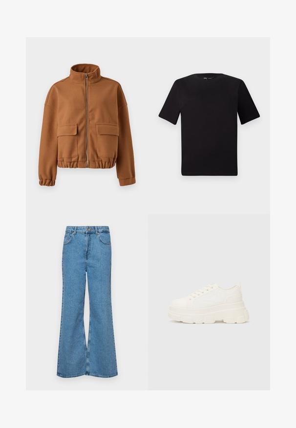 Bruine fleecejack met een hoge kraag, ritssluiting, twee opgestikte zakken aan de voorkant en elastische manchetten en zoom. Glad oppervlak, cropped ontwerp.; Zwarte T-shirt met korte mouwen en een ronde hals, gemaakt van zachte katoenstof. Eenvoudig ontwerp, geen zichtbare logo's of patronen.; Lichtblauwe flared jeans van denim, met een hoge taille, vijf zakken en een enkele knoopsluiting. Zachte textuur met een vervaagde afwerking.; Witte canvas sneaker met een stevige zool, ronde neus en vijf gaatjes voor veters. Achterste tab voor gemakkelijk aan- en uittrekken. Vloeibare textuur, minimalistisch ontwerp.