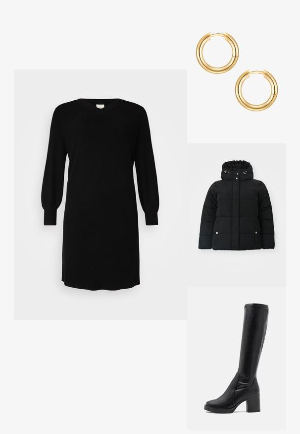 Vero Moda Curve FARAH JACKET - Giacca invernale - black; Abito nero lavorato a maglia con scollo a V, maniche lunghe a palloncino e polsini a coste. Design semplice con taglio dritto e lunghezza al ginocchio.; Stivali neri al ginocchio realizzati in pelle liscia, con tacco spesso e punta rotonda. Presentano un design senza cuciture e sottili accenti di cucitura.; Orecchini a cerchio in oro con un design a doppio strato. Superficie liscia e lucida con un meccanismo di chiusura senza soluzione di continuità. Forma rotonda con un aspetto moderno.