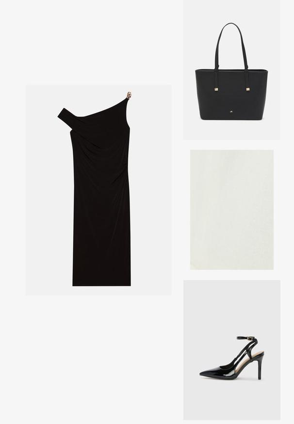Tessuto di lino bianco con una trama liscia, che presenta un lieve motivo di tessitura naturale. Non ci sono accenti o hardware degni di nota.; Abito nero monospalla realizzato in tessuto drappeggiato, con un accento dorato sulla spalla, texture liscia e design alla lunghezza del ginocchio.; Scarpa con tacco alto in vernice nera, cinturino alla caviglia regolabile e punta affilata, con lati aperti. Texture liscia.; Borsa a tracolla nera in materiale sintetico, con un design rettangolare semplice, dettagli quadri dorati e doppi manici.