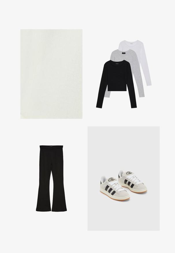 Hvidt linnedstof med en glat tekstur, der viser et subtilt, naturligt vævemønster. Ingen bemærkelsesværdige accenter eller hardware til stede.; Tre langærmede toppe stablet: sort, grå og hvid. Hver har en rund halsudskæring og et cropped design med glat, let stof.; Sorte flared leggings lavet af strækbart stof. Har en bred talje og en glat tekstur, med en tætsiddende silhuet der bredder sig ved sømmen.; Grå ruskinds sneakers med hvide snørebånd, sorte striber og en hvid gummisål. Har et rundt logo på tungen og en gummisål.