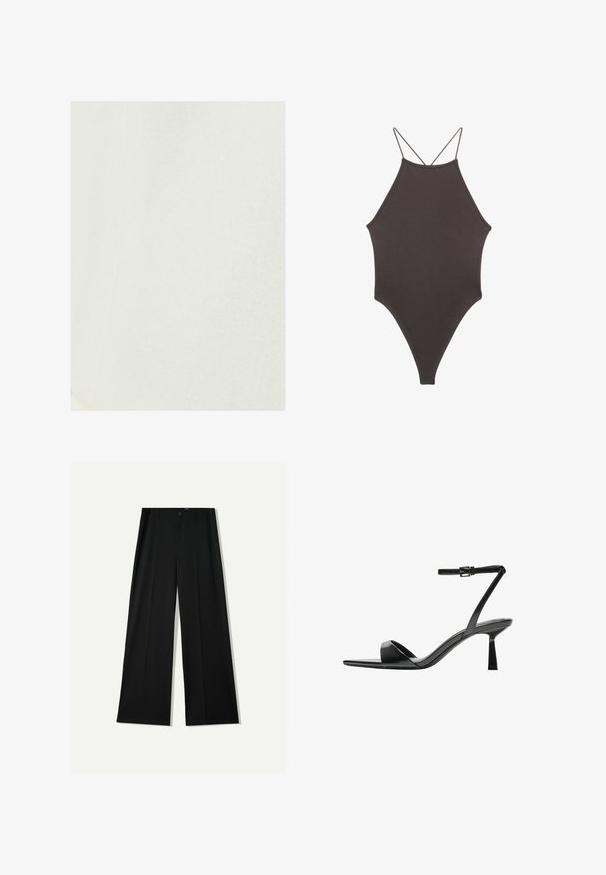 Hvidt linnedstof med en glat tekstur, der viser et subtilt, naturligt vævemønster. Ingen bemærkelsesværdige accenter eller hardware til stede.; Brun højhalset heldragt badedragt med tynde, justerbare stropper; har højt skåret ben og glat tekstur. Ingen mønstre eller udsmykninger.; Bershka WIDE - Bukser - black; Bershka Højhælede sandaletter / Højhælede sandaler - black