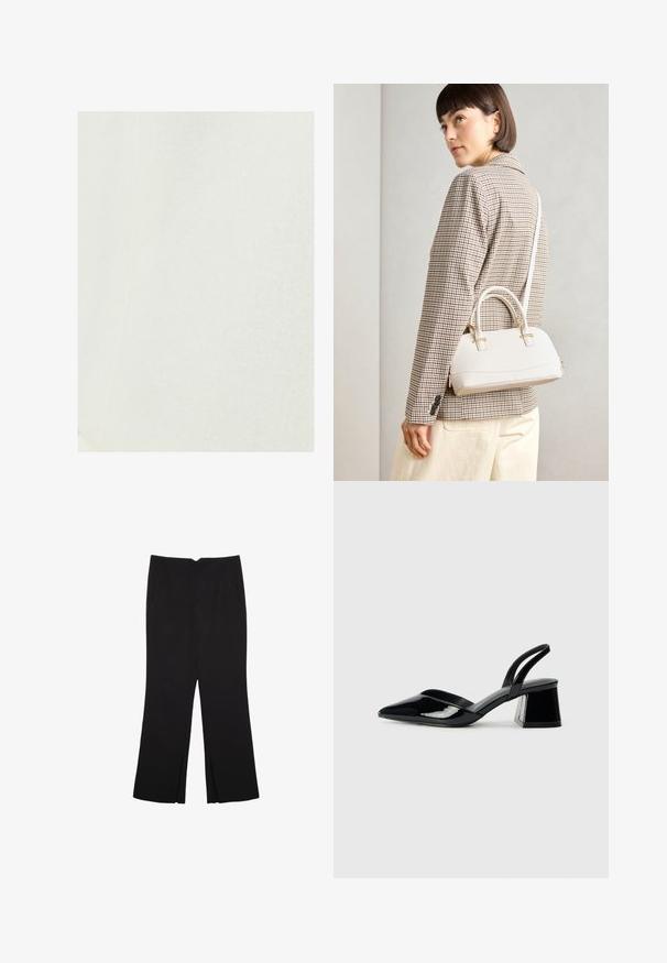 Hvidt linnedstof med en glat tekstur, der viser et subtilt, naturligt vævemønster. Ingen bemærkelsesværdige accenter eller hardware til stede.; Sort tank top lavet af bomuld, med rund halsudskæring og brede armhuller. Glat tekstur med syede kanter. Klassisk, minimalistisk design.; Sorte bukser med lige pasform, der har frontlommer og slidser i kanten. Lavet af blødt, glat stof. Velegnet til forskellige anledninger.; Sorte patentlæder slingback hæle med spids tå og en geometrisk blok hæl. Har et elegant, minimalistisk design og en glat tekstur.; Hvid struktureret taske med korte håndtag og en skulderrem, prydet med guldfarvede hardwaredetaljer og tekstureret materiale, præsenteret mod en grå baggrund.