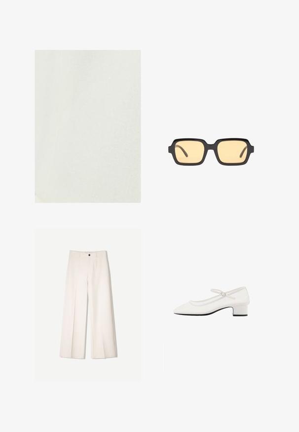 Witte linnen stof met een gladde textuur, die een subtiel, natuurlijk geweven patroon laat zien. Geen opvallende accenten of hardware aanwezig.; Witte katoenen T-shirt met een ronde hals, korte mouwen en een getailleerd ontwerp. Soepele textuur zonder patronen of versieringen.; Crème brede broek met een tailored ontwerp, voorzien van twee voorzakken en een enkele sluiting met een knop aan de voorkant, gemaakt van een gladde stof.; Witte patenten leren Mary Jane-schoen met een ronde neus, een middelhoge chunky hak en een verstelbare band met een zilveren gesp.; Zwarte rechthoekige zonnebril met gele glazen, een lichtgewicht montuur en opvallende rechte randen op de temples. Gladde, glanzende afwerking.; Gouden digitale klok met een rechthoekige wijzerplaat, LCD-display, roestvrijstalen band en knoppen aan de zijkant. Bevat een waterdicht label.