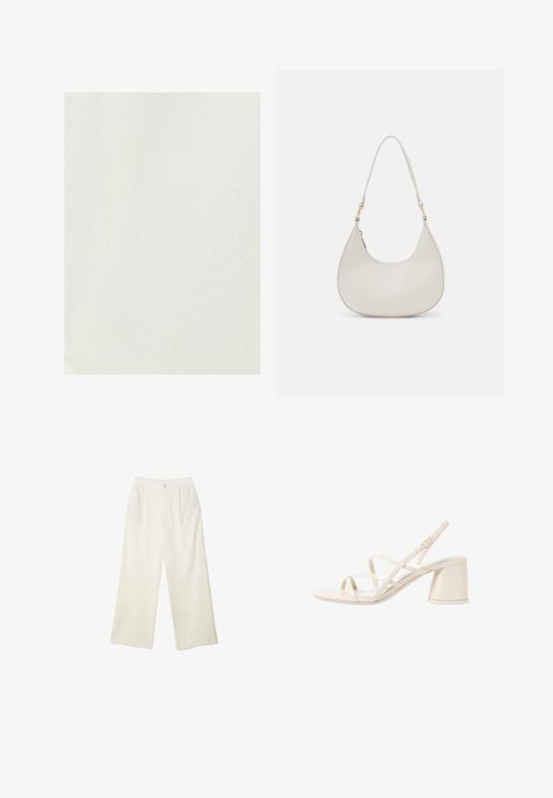 White linen fabric with a smooth texture, showcasing a subtle, natural weave pattern. No notable accents or hardware present.; White short-sleeve T-shirt with a relaxed fit and smocked texture at the waist. Made of soft, lightweight fabric.; Wide-leg trousers in cream fabric with a smooth texture, featuring a single front button, subtle pleats, and a high waist design.; Beige strappy heeled sandals with a rounded open toe and a medium block heel. Features adjustable ankle strap and smooth, glossy finish.; Cream leather shoulder bag with a crescent shape, thin strap, and subtle stitching detail. Minimalist design with gold-tone hardware accents.