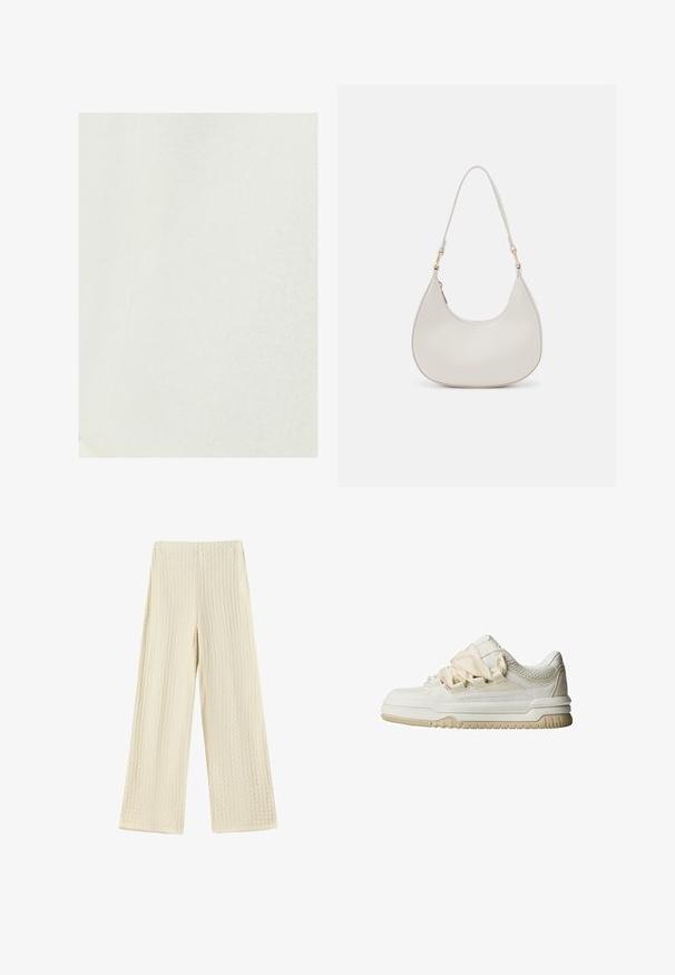 Hvidt linnedstof med en glat tekstur, der viser et subtilt, naturligt vævemønster. Ingen bemærkelsesværdige accenter eller hardware til stede.; Hvid t-shirt lavet af ribbet stof, med en bred scoop neckline og korte ærmer. Enkel design uden mønstre eller decorationer.; Vide benbukser i et tekstureret, cremefarvet stof. Designet har et vaffelmønster med høj talje og fuld længde ben.; Lavskoede sneakers i off-white læder med mesh-detaljer, der har tykke snørebånd, polstret sål og teksturerede detaljer på overdelen.; Cremefarvet læder skuldertaske med en halvmåneform, tynd rem og diskrete syninger. Minimalistisk design med hardware-accenter i guldton.