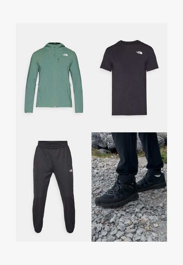 Zelená lehká bunda z měkkého, pružného materiálu, s předním zipem, nastavitelnou kapucí a bočními zipovými kapsami. Logo na hrudi.; Černé tričko s krátkým rukávem vyrobené z měkké tkaniny, s malým bílým logem na horním levém hruďi. Klasický design s kulatým výstřihem a standardním střihem.; Černé tepláky s nastavitelným pasem, zúženým střihem, elastickými manžetami a malým bílým logem na levém stehně, vyrobené z hladké tkaniny.; Černé venkovní boty z prodyšného a syntetického materiálu, s texturovaným svrškem, bezpečným šněrovacím systémem a robustní podrážkou, na skalnatém terénu.