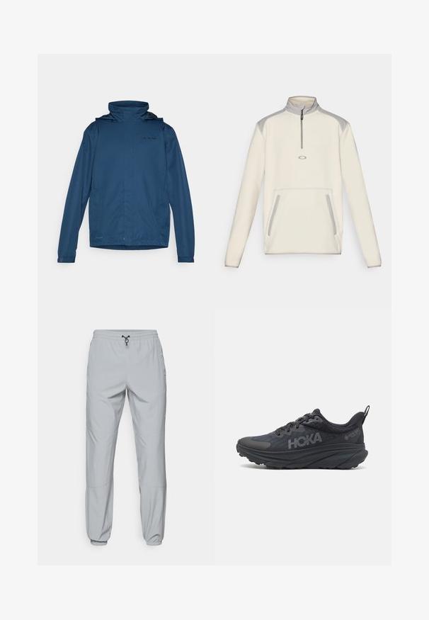 Blå lättviktig jacka med hög krage, justerbar huva och långa ärmar. Har en slät textur och subtil logotypdetalj på bröstet.; Krämsfärgad fleece-pullov med halvdra krage, grå axeldetaljer och sidofickor. Har en liten logotyp på bröstet.; The North Face WIND PANT - Friluftsbyxor - monument grey; Svart Hoka löpsko med en mesh-ovandel, texturerade detaljer och en tjock, dämpad sula med avsmalnande kanter för förbättrad stöd.