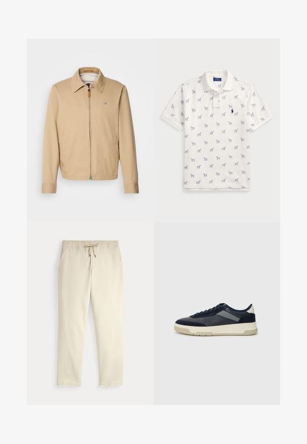 Beige, lightweight jacket with a collar, front zipper, two side pockets, and a small logo on the chest. Smooth fabric, casual design.; White polo shirt made of cotton, featuring a repeated blue dog pattern and a small blue logo on the chest. Short sleeves and collar.; Off-white casual pants with elastic waistband and drawstring, straight legs, and side pockets against a plain background.; BOSS BALTIMORE - Trainers - open blue