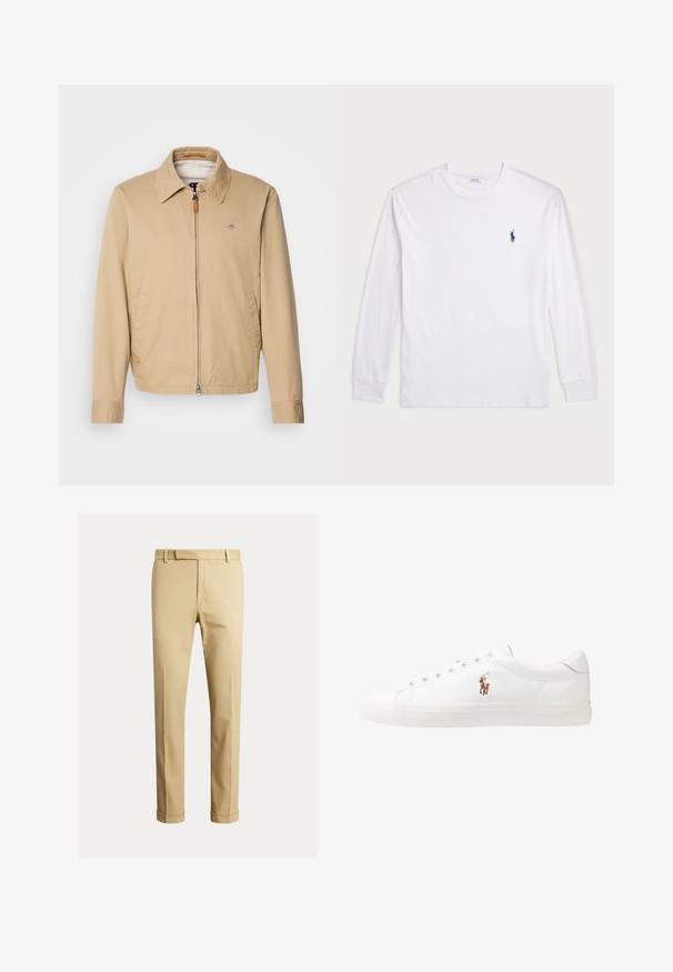 Beige, letvægts jakke med krave, frontlynlås, to sidelommer og et lille logo på brystet. Glat stof, afslappet design.; Hvid langærmet T-shirt lavet af bomuld. Har en rund halsudskæring, ribbede manchetter og et lille navy blåt polo-logo på venstre bryst.; Kaki chinos lavet af glat bomuldsstof, med en tætsiddende design, frontfold og manchetter ved anklen for et tapered look.; Hvide lædersneakers, lavtop design, med en glat tekstur, rund tå, snørret front og et lille broderet logo på siden.