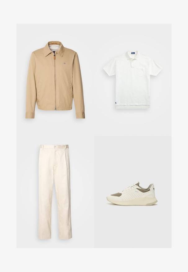 Jachetă bej, ușoară, cu guler, fermoar frontal, două buzunare laterale și un logo mic pe piept. Material neted, design casual.; Cămașă polo albă din bumbac, cu un guler clasic, placket cu trei nasturi și un buzunar pe pieptul stâng; logo mic pe tiv.; Pantaloni din bumbac bej, cu croială dreaptă, dotati cu închidere cu nasture și pliuri în față pentru un plus de detaliu.; Tenis sportivi alb și bej deschis, cu un înveliș din plasă, detalii perforate și o talpă intermediară texturată, având marcaj pe călcâi.