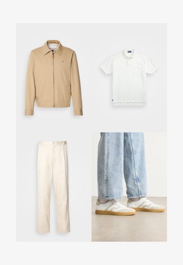 Beige, lett jakke med krage, frontglidelås, to sidelommer og et lite logo på brystet. Glatt stoff, uformell design.; Hvit polo skjorte laget av bomull, med klassisk krage, tre-knapps ståkrage og lomme på venstre bryst; liten logo ved kanten.; Beige bomullsbukser med rett benfatt, med knappelukking og folder foran for ekstra detaljer.; Hvite sneakers med beige semsket skinn-detaljer og lette gummisåler; har et lavt design og teksturdetaljer på overdelen.