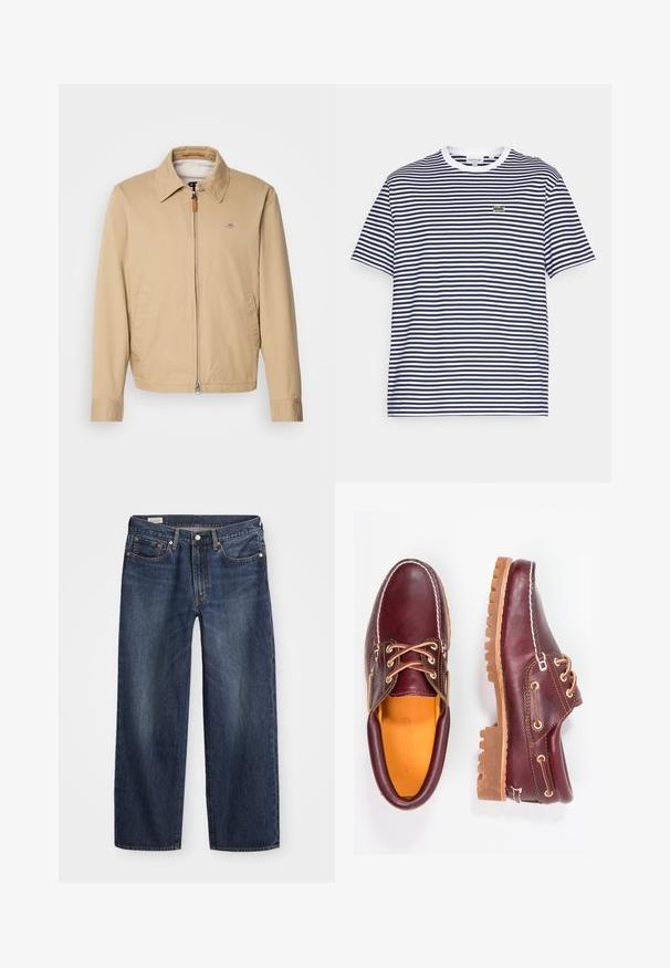 Bež jakna odlaganog materijala s okovratnikom, prednjim zatvaračem, dva bočna džepa i malim logotipom na prsima. Glatka tkanina, ležeran dizajn.; Prugasta pametna majica na bijelo-plavu boju s okruglim izrezom i kratkim rukavima. Sadrži mali zeleni logotip krokodila na prsima.; Tamno plave traperice s ravnim nogavicama, pet džepova, metalnim dugmetom i patentnim zatvaračem, te suptilnim uzorcima habanja.; Burgundske kožne cipele s smešnim gumenim potplatima, okruglim vrhom, bijelim šavovima i zlatnim rupama za vezivanje. Unutrašnjost ima žutu podstavu.