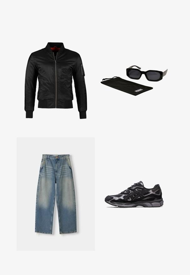 Czarna kurtka bombka wykonana z błyszczącego nylonu, z zamkiem z przodu, ściągaczami na rękawach oraz kieszenią na zamek na lewym rękawie. Wnętrze jest w jasnoczerwonym kolorze.; Czarna bluza z kapturem wykonana z miękkiego materiału, z przednią kieszenią kangurką, ściągaczami na rękawach i kapturem z sznurkiem. Klasyczny i uniwersalny design.; Jasnoniebieskie dżinsy o szerokich nogawkach z wyblakłym wykończeniem, pięć kieszeni i surowy brzeg. Z przodu zapięcie na guzik i zamek błyskawiczny.; Czarny but sportowy z siateczkową i zamszową cholewką, wyróżniający się teksturowanym wzorem oraz solidną, amortyzującą szaro-skalą podeszwą.; Czernie okulary przeciwsłoneczne z kanciastymi, dużymi oprawkami i ciemnymi soczewkami, w komplecie z czarnym woreczkiem z mikrofibry z logo.