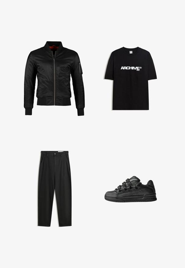 Fekete bomber dzseki fényes nylonból, elülső cipzárral, bordás mandzsettákkal és cipzáras zsebbel a bal ujjon. Belseje élénkpiros.; Fekete pamut póló, fehér "ARCHIVE inc." logóval a mellkasán, rövid ujjakkal és kerek nyakkivágással.; Fekete pamut nadrág laza szabással, klasszikus derékrésszel, elülső hajtásokkal és oldalsó zsebekkel. Simább textúra minta nélkül.; Fekete sportcipők sima bőrből készült felső résszel, struktúrált kiegészítőkkel, valamint kerek fekete és fehér fűzőkkel. Vastag gumitalp mintázott bordázattal.
