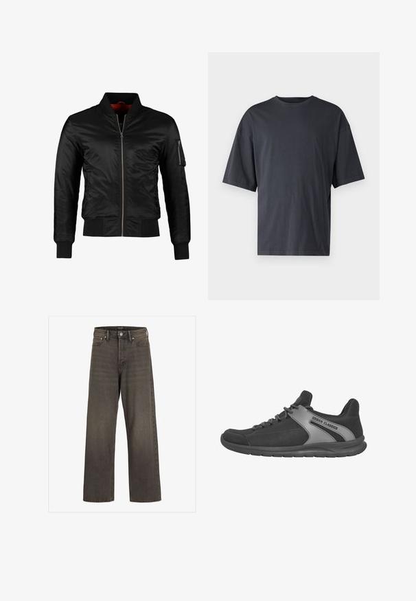 Černá bomberek vyrobená z lesklého nylonu s předním zipem, žebrovanými manžetami a zipovou kapsou na levém rukávu. Vnitřek je jasně červený.; Tmavě šedé tričko s krátkým rukávem vyrobené z lehké bavlny, s volným střihem a klasickým kulatým výstřihem, s jednolitou strukturou a bez vzorů.; Džínové kalhoty s širokými nohavicemi v tmavě šedém denimu, s vysokým pasem, klasickým designem pěti kapes a kontrastním prošíváním podél švů.; Urban Classics ACCESSOIRES TREND  - Tenisky - black black black