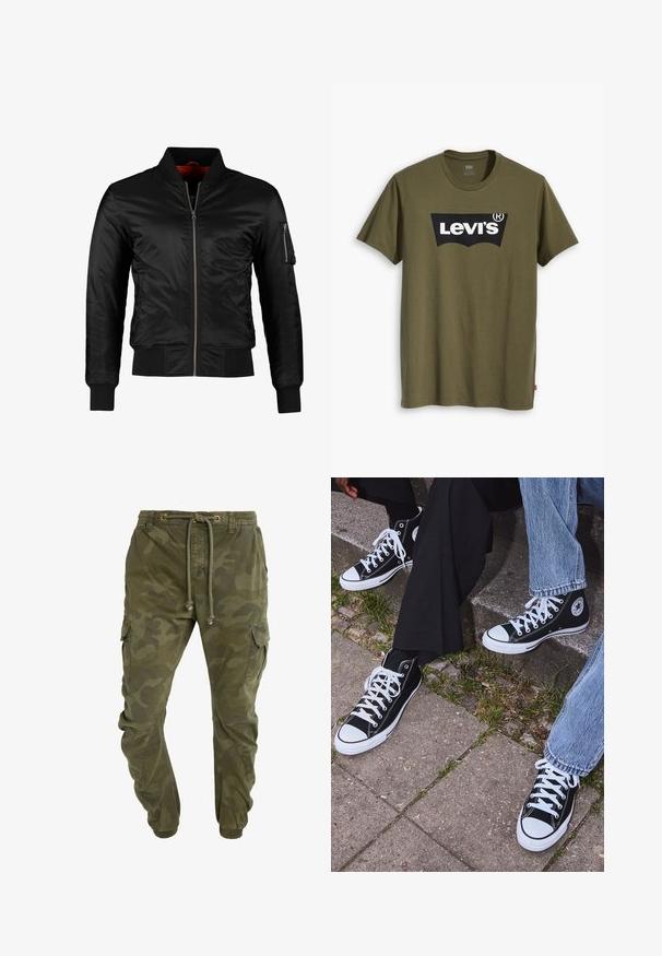 Crna bomber jakna napravljena od sjajnog najlona sa prednjim zatvaračem, rebrastim manžetama i ziperskom džepom na lijevoj rukavu. Unutrašnjost je svijetlo crvena.; Maslinasto zelena pamučna majica kratkih rukava s velikim crnim Levi's logotipom u kontrastnom polukružnom obliku preko prsa. Regularni kroj.; Zelene cargo hlače s kamuflažnim uzorkom, s pojasom na vezanje, elastičnim rukavima i bočnim džepovima. Napravljene od čvrstog materijala.; Crne visoke platnene tenisice s bijelim gumama i vezicama, sa kružnim logom sa strane, u kombinaciji s trapericama i crnim hlačama.