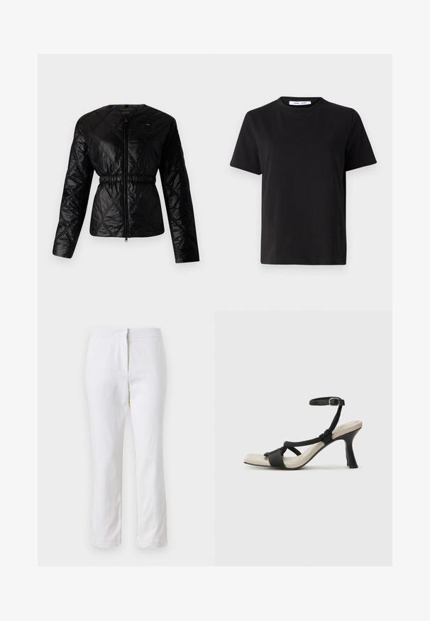 Fekete steppelt dzseki, testhez simuló kialakítással, rugalmas derékkal, cipzáros zárással és hosszú ujjakra jellemző enyhe fényességgel és geometrikus mintával.; Fekete, rövid ujjú póló, puha pamutból készült, kerek nyakkivágással, laza szabással és sima textúrával. Nincs látható minta vagy grafikák.; Fehér pamut nadrág egyenes lábformával, közepes derékkal, látható fémrészek vagy minták nélkül. Sima textúra az egész anyagon.; Fekete sarkú szandál fonott pánttal, négyzet alakú orral és állítható bokapánttal. Világos bézs talpbetét fényes fekete sarkával.