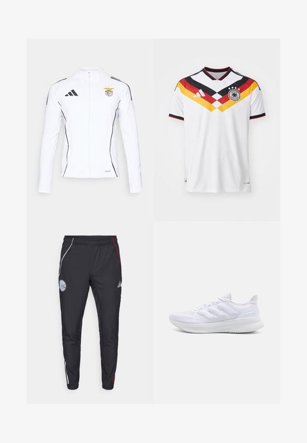 White jacket with a zip closure, black accents, and Adidas logo. Features a team emblem with two stars, soft fabric with a smooth texture.; White football jersey with a v-neck, featuring black, red, and yellow diagonal stripes, a team logo, and a texture pattern.; Black athletic pants with a tapered fit. Features white and red side stripes, an elastic waistband, and an embroidered logo on the upper thigh.; White athletic shoes featuring a textured mesh upper, supportive cushioned sole, and three stripe design on the side.