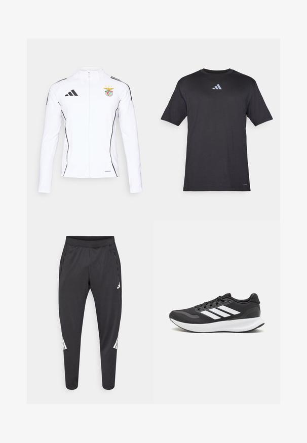 Hvid jakke med lynlås, sorte detaljer og Adidas-logo. Har et holdemblem med to stjerner, blødt stof med en glat tekstur.; Sort kortærmet atletisk t-shirt lavet af letvægtsstof, med et diskret refleks Adidas-logo på brystet.; Sorte atletikbukser med smalle ben, elastisk taljebånd, sidelommer og hvide logoer samt stribedetaljer. Fremstillet af et glat, let materiale.; Sort atletik sko med åndbart mesh-overdel, hvide accenter og en polstret sål. Har tre-stripes logo på siden.