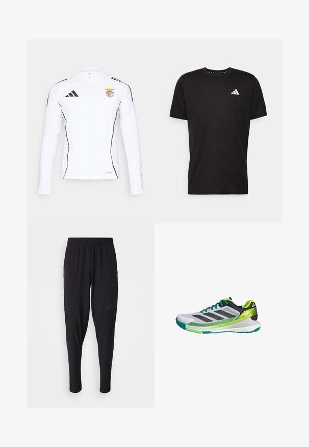 Hvid jakke med lynlås, sorte detaljer og Adidas-logo. Har et holdemblem med to stjerner, blødt stof med en glat tekstur.; Sort bomulds T-shirt med korte ærmer, rund hals og et hvidt logo på venstre bryst. Glat tekstur og enkelt design.; Sorte træningsbukser med elastisk talje, tætsiddende design, sidelommer og diskret logo-detail. Fremstillet af fleksibelt, åndbart stof.; Grå og sort træningssko med grønne accenter og mesh-overdel. Har tre sorte striber og en tekstureret sål for bedre greb.