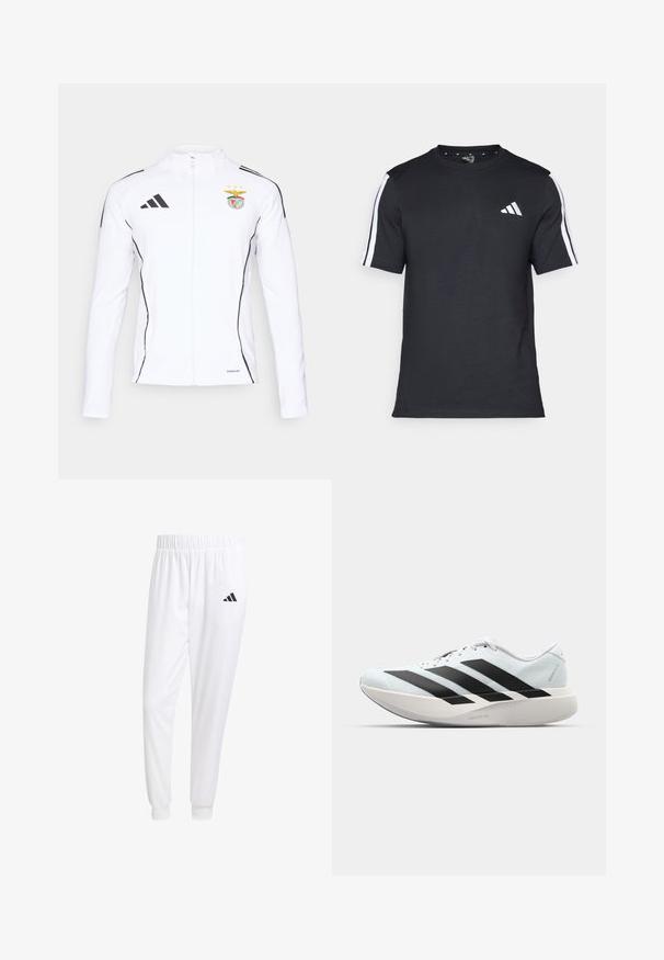 Hvit jakke med glidelåslukking, sorte detaljer og Adidas-logo. Har et lagemerke med to stjerner, mykt stoff med en glatt tekstur.; Svart T-skjorte laget av bomull med korte ermer, med hvite striper på skuldrene og en hvit logo på venstre bryst.; Hvite treningsbukser laget av glatt stoff, med elastisk midje og tettsittende mansjetter, med en svart logo på baklommen.; Lette løpesko i lys blå med svarte striper. Har en myk overdel, rund tå og tykk hvit mellomsole merket "LIGHTSTRIKE PRO."