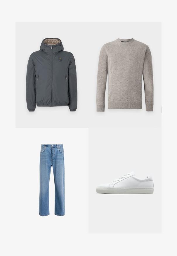 Dunkelgraue, gefütterte Kapuzenjacke mit Frontreißverschluss, seitlichen Reißverschluss-Taschen und einem kleinen Logo-Patch auf der Brust und dem linken Ärmel.; Hellgrauer gestrickter Pullover mit Rundhalsausschnitt, langen Ärmeln und gerippten Bündchen und Saum. Strukturiertes Muster mit Farbklecksen.; Helle blaue Jeans im Geradeschnitt-Design, mit fünf Taschen, Knopfverschluss, minimaler Ausbleichung und kontrastierenden Nähdetails.; Weißer Sneaker mit glattem Lederobermaterial und niedrigem Profil. Verfügt über eine runde Zehenpartie, sechs Ösen und eine strukturierte Gummisohle.