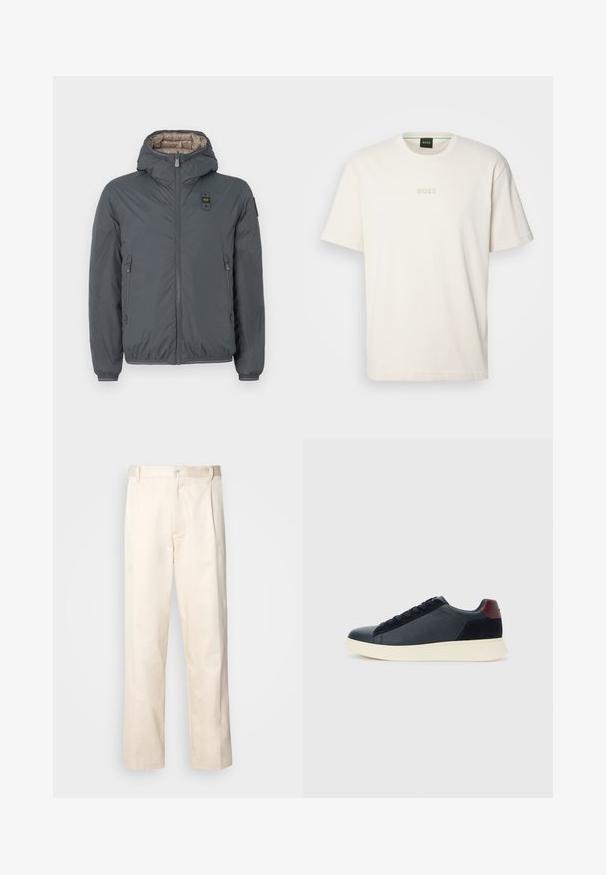 Tumši pelēkās krāsas kapucīte pufers jaka ar priekšējo rāvējslēdzēju, rāvējslēdzēja sānu kabatām un nelielu logo uz pleca un kreisā piedurknes.; BOSS TEE - Pamata T-krekls - open white; Bežā krāsā auduma bikses ar taisnu kāju griezumu, pievienotām pogu aizdares un priekšējiem krokām papildu detaļām.; Zemāko vīriešu sporta apavu modelis melnā ādas un zamša apdarē ar bordo krāsas papēža cilpu un baltu gumijas zoli, skatoties no ārējās puses.