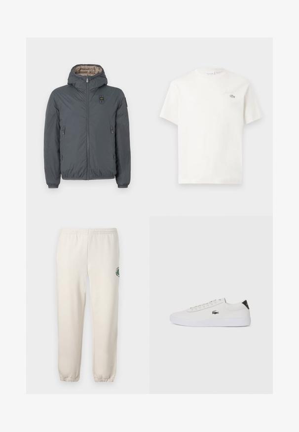 Sötétszürke kapucnis puffermellény elülső cipzárral, cipzáras oldalzsebekkel, valamint egy kis logópatch-el a mellkason és a bal ujján.; Fehér pamut póló rövid ujjakkal, diszkrét hímzett logóval és minimalista designnal. Puha tapintású, kerek nyakkivágású.; Világos bézs szabadidőnadrág, pamutból készült, rugalmas derékkal, bordázott mandzsettákkal, és zöld logóval, amely leveleket ábrázol, a bal lábon.; Fehér bőr sportcipő kerek orral, fűzős elülső résszel és fekete sarok akcentussal. Oldalán egy kis hímzett krokodil logóval rendelkezik.