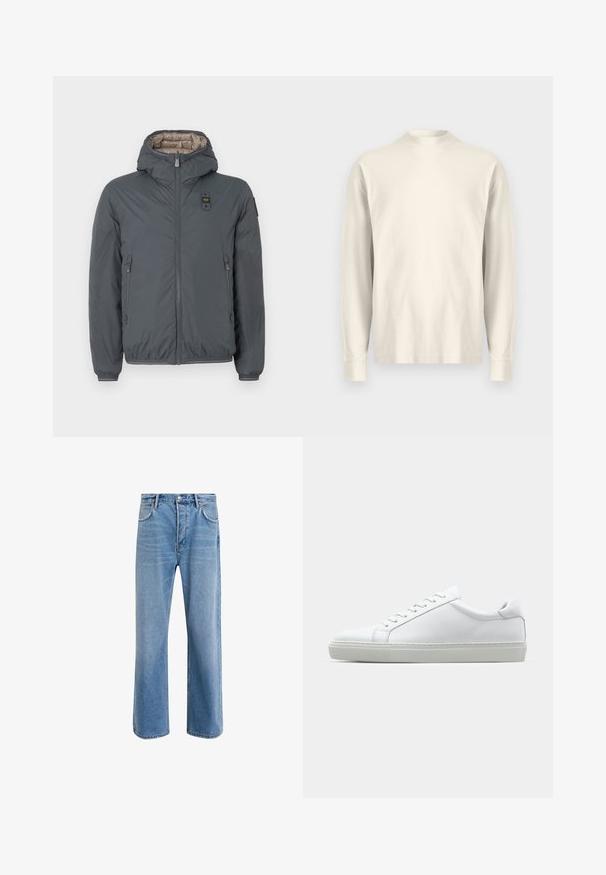 Tumehall pusa pusa, millel on ees tõmblukk, tõmblukuga küljetaskud ja väike logopatch rinnal ning vasakul varrukal.; Pikad varrukad, kõrge kaelusega särk heleses puuvillas. Sile tekstuur, lõdva lõikega, minimalistik disain, ilma nähtavate mustrite või aktsentideta.; Heledad sinine teksapüksid otse lõikega, viie taskuga, nupuga sulgemine, minimaalne kulumine ja kontrastsed õmbluse detailid.; Valge tennisetoss, millel on sile nahk pealis ja madal profiil. Omab ümarat ninaosa, kuut silmust ja tekstuuriga kummist talda.