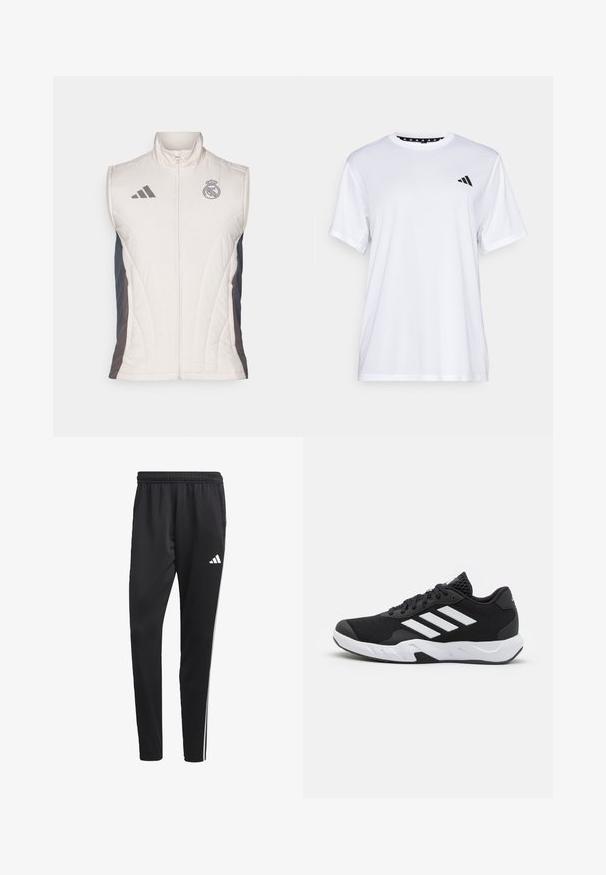 adidas Performance REAL MADRID EU WINTER VEST - Väst - putty mauve/dark grey/charcoal; Vit sporttopp med kort ärm, tillverkad av fukttransporterande tyg. Har en svart logotyp på vänster bröst och ett mönstrat inre halsringning.; Svarta träningsbyxor med elastisk midja, vita sidostreck och en liten vit logotyp på låret. Tillverkade av ett slätt, lätt material.; Svarta sportskor med ett texturerat nätövre, vita accentlinjer, en dämpad sula och en förstärkt häl för stöd.