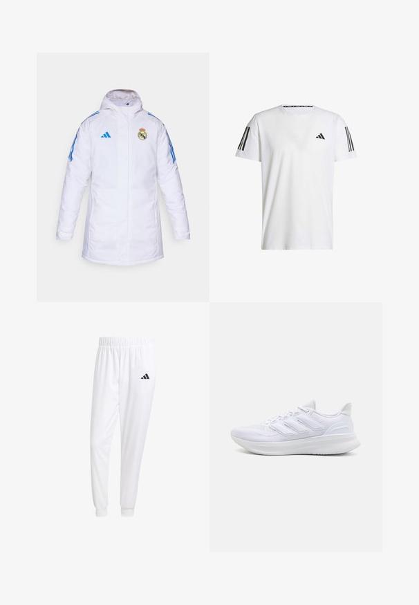 Witte geïsoleerde jas met een capuchon, met blauwe strepen en het Real Madrid-logo op de borst. Gemaakt van glad, weersbestendig materiaal.; Witte T-shirt met korte mouwen, gemaakt van ademend materiaal, met een zwart driehoekig logo en drie zwarte strepen op elke schouder.; Witte sportbroek van gladde stof, met een elastische tailleband en smalle taillebanden, voorzien van een zwart logo op de achterzak.; Witte sportschoenen met een gestructureerde mesh bovenkant, een ondersteunende gevoerde zool en een ontwerp met drie strepen aan de zijkant.