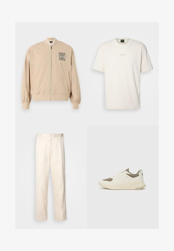 Beež bomber-jakk koos soonikkraega, tõmbluku sulgemise ja küljetaskutega. Omab "Lagerfeld" tikandit ja silmapaistvat tähe "K". Sile kangastekstuuri.; BOSS TEE - Lihtne T-särk - open white; Beesidised puuvillased püksid sirge jala lõikega, mis on varustatud nööpkinnituse ja ees olevate voltidega, et lisada detaili.; Valge ja heledat beeži värvi spordijalats, millel on õhuke võrkmaterjal, perforatsioonidega detailid ning tekstuuriga vahetald, millel on brändi logo kannaosas.