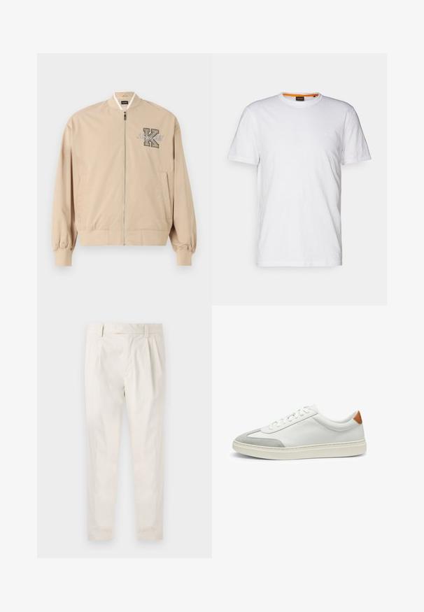 Beige bomberjacka med ribbad krage, dragkedja och sidofickor. Har "Lagerfeld" broderi och ett framträdande bokstav "K." Slät tygtextur.; Vit bomulls T-shirt med rundad halsringning, korta ärmar och en diskret präglad logotyp på bröstet. Inuti finns en etikett med en orange accent.; Vita, plisserade byxor med skräddarsydd passform, med en mjuk yta, bälteshängare och avsmalnande ben. Inga synliga fickor eller mönster.; Vita lädersneakers med grå mockadetaljer och en tab i brunt läder på hälen. Har en strukturerad yta och en lätt sula.