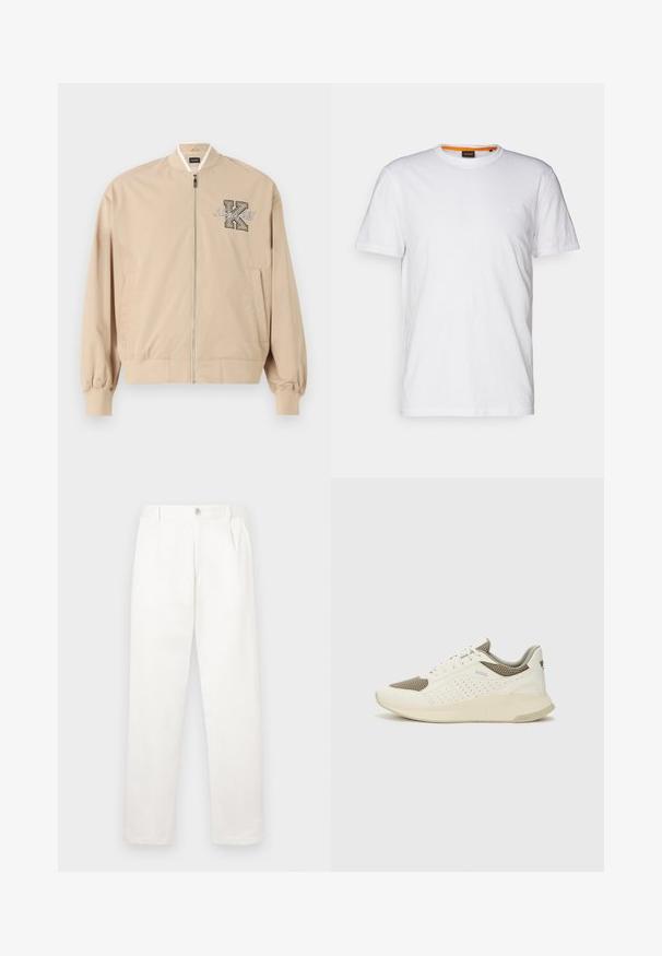 Bežna bomberska jakna z rebrastim ovratnikom, zadrgo in stranskimi žepi. Vsebuje vezenje "Lagerfeld" in izstopajočo črko "K." Gladko teksturo blaga.; Bela bombažna majica s kratkimi rokavi in okroglim izrezom, z diskretnim reliefnim logotipom na prsih. Notranja oznaka ima oranžni akcent.; Bele hlače iz gladkega blaga, z ravnimi nogami, sprednjimi gubami in enim gumbom za zapiranje v pasu.; Beli in svetlo bež športni copat, s mrežastim zgornjim delom, perforiranimi detajli in teksturirano srednjim delom z blagovno znamko na peti.