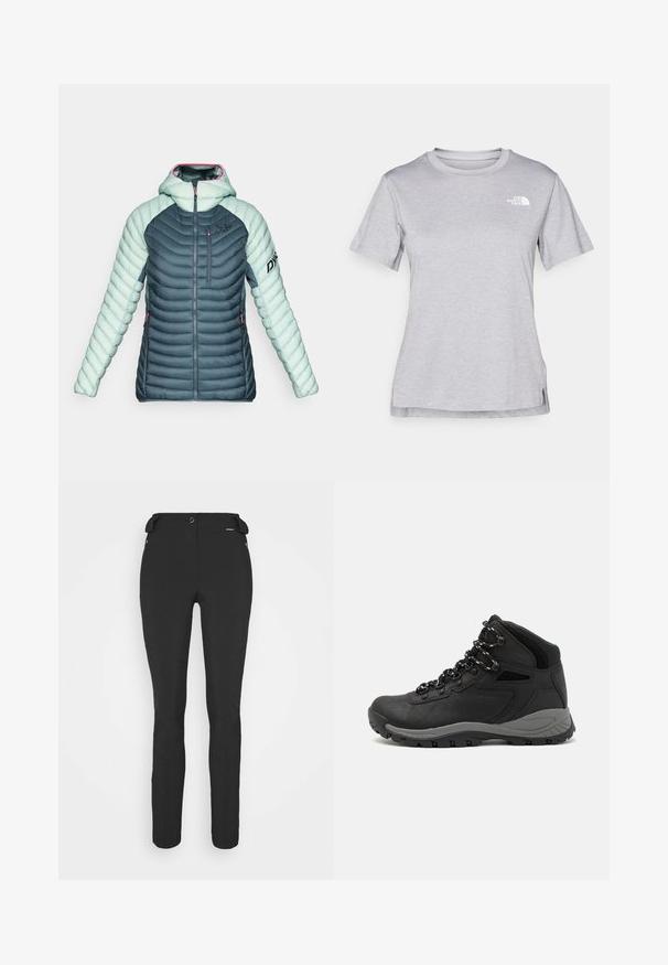 Damehybridjakke med polstring og hætte i mørkegrå og lys mintgrøn med front- og brystlommer med lynlås, samt et logo på brystet og ærmet.; Grå kortærmet T-shirt lavet af blødt, fugttransporterende materiale. Har en rund hals og et lille hvidt logo øverst til venstre.; Sorte, tætsiddende bukser lavet af et fleksibelt materiale. Funktioner inkluderer en lynlåslomme i siden, artikulerede knæ og en glat tekstur.; Sort vandrestøvle med en mellem-højde design, der har en tekstureret overdel, grå detaljer og en holdbar gummisål med skridsikre klodser.