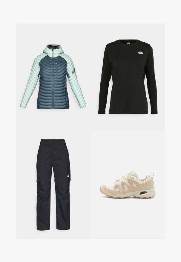 Dames gewatteerde hooded jacket in donkergrijs en licht mintgroen met ritszakken aan de voorkant en op de borst, en een logo op de borst en mouw.; Zwart langsluiting T-shirt van katoen met een ronde hals. Heeft een klein wit logo op de linkerkant van de borst. Eenvoudig ontwerp en pasvorm.; Zwarte nylon cargo broek met afneembare pijpen, verstelbare manchetten, meerdere zakken en een logo op het rechterbeen. Gladde, lichte textuur.; Beige en crème sportschoen met een textuur-mesh bovenwerk, ondersteunende overlays en een rubberen zool met een profielpatroon voor grip.