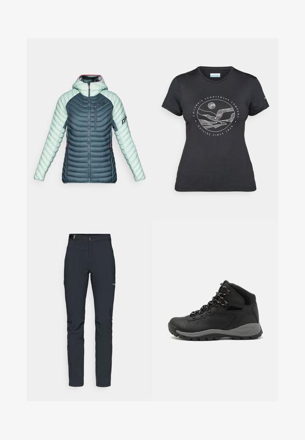 Kobieca ocieplana kurtka z kapturem w ciemnoszarym i jasnym miętowym kolorze, z kieszeniami na zamek z przodu i na piersi, oraz logo na piersi i rękawie.; Czarny t-shirt Columbia z białą okrągłą grafiką gór i rzeki oraz napisem "Columbia Sportswear Company Outside Since 1938."; Męskie spodnie outdoorowe, ciemnoszare, wykonane z elastycznego materiału, z paskiem, kieszeniami na zamek oraz wzmocnionymi szwami.; Czarne buty trekkingowe z średnim cholewem, z teksturowaną cholewą, szarymi akcentami oraz trwałą gumową podeszwą z wypustkami zapewniającymi przyczepność.